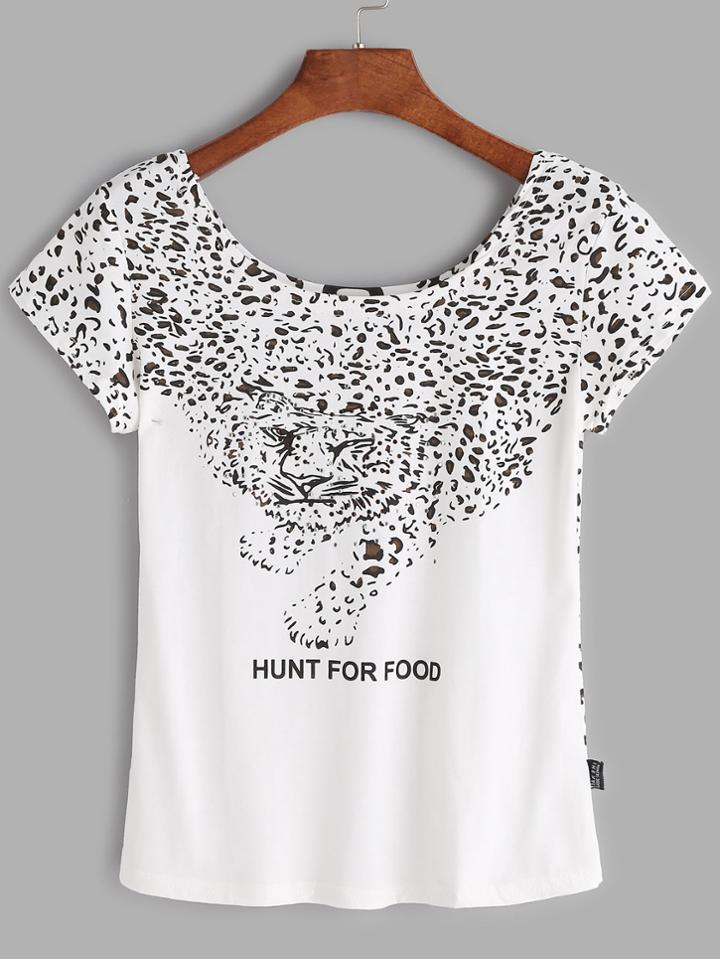 Romwe White Leopard And Letter Print T-shirt