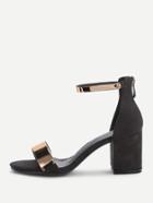Romwe Black Contrast Metallic Ankle Strap Chunky Heeled Sandals