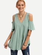 Romwe Green V Neck Cold Shoulder T-shirt