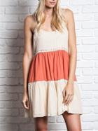 Romwe Apricot Orange Spaghetti Strap Backless Color Block Dress