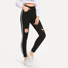 Romwe Letter Ribbon Ripped Jeans