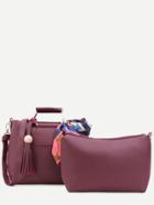 Romwe Burgundy Pu Tassel Handbag Set With Convertible Strap