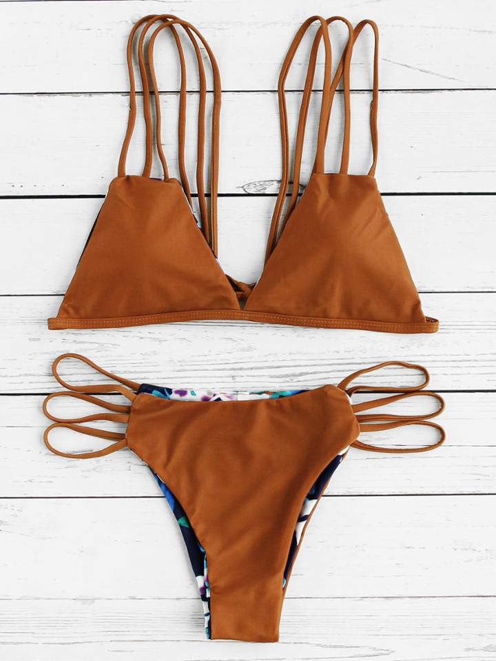 Romwe Ladder Cutout Strappy Reversible Bikini Set