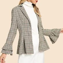 Romwe Flounce Sleeve Plaid Blazer