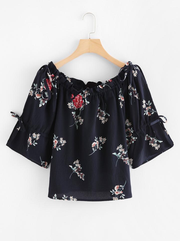 Romwe Frill Trim Floral Print Top