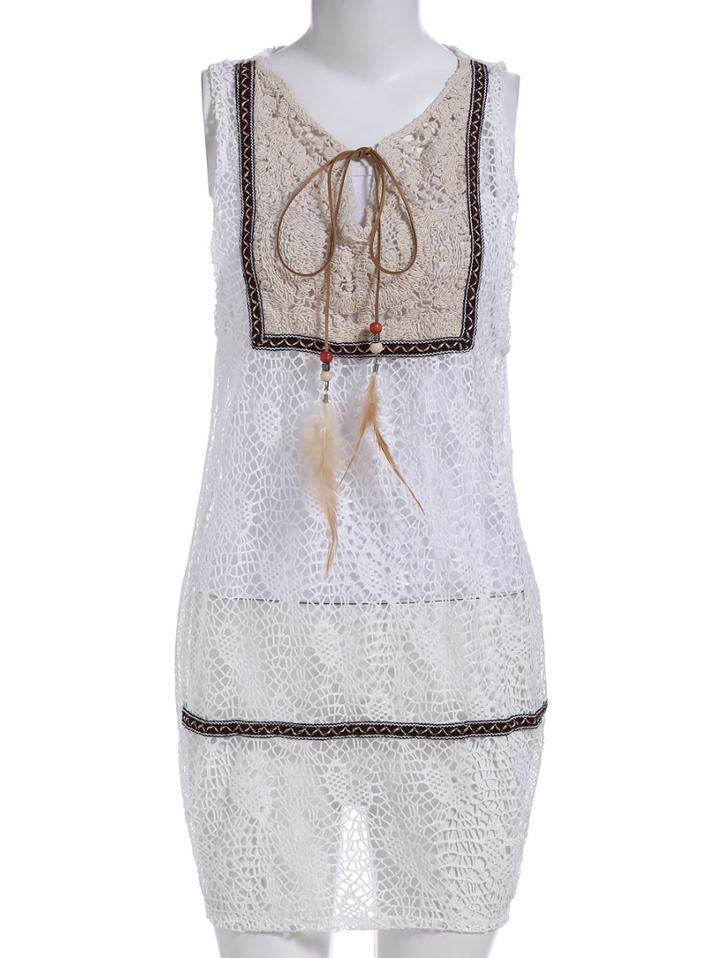 Romwe Lace Up Crochet Hollow White Tank Top