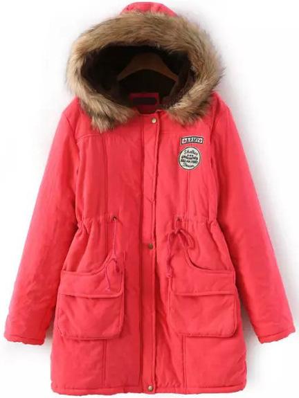 Romwe Hooded Drawstring Letter Patch Melon Coat