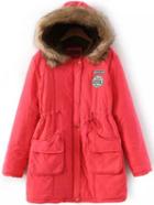 Romwe Hooded Drawstring Letter Patch Melon Coat