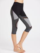 Romwe Color Block Mesh Panel Marled Knit Crop Leggings