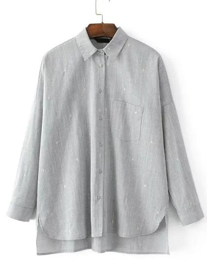 Romwe Star Embroidered High Low Blouse