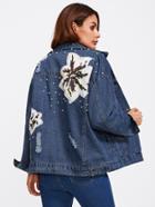 Romwe Sequin Appliques Pearl Detail Ripped Denim Jacket