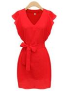 Romwe V Neckline Ruffle Sleeve Self-tie Dress
