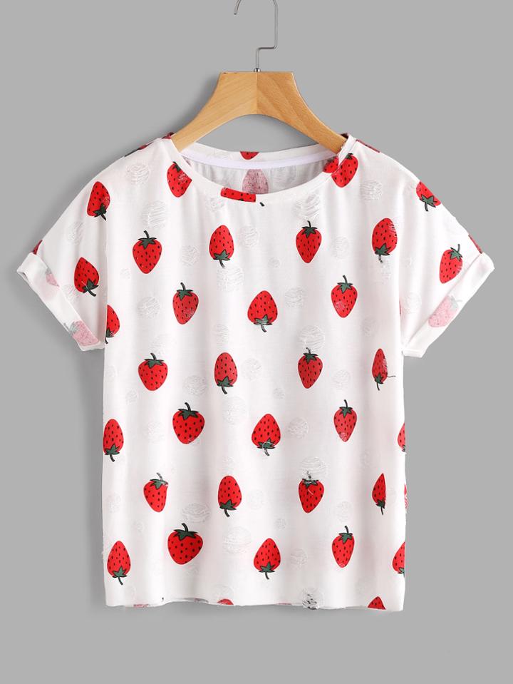 Romwe Allover Strawberry Print Frayed Dot Tee