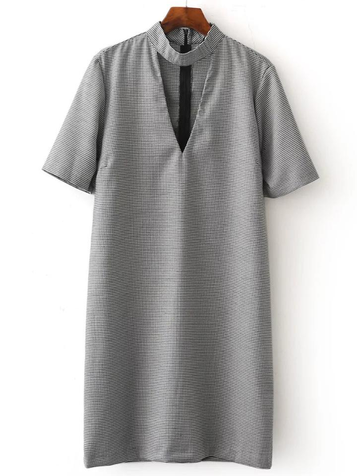 Romwe Black And White Cutout Choker Neck Houndstooth Dress