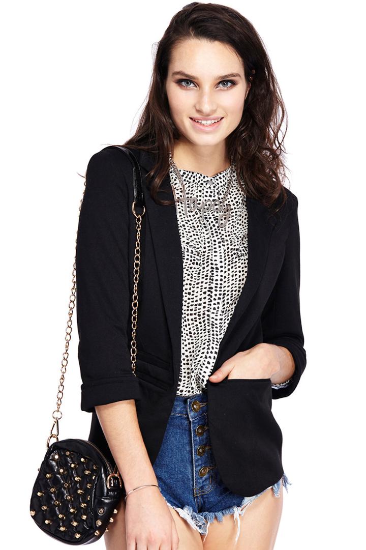 Romwe Rolled Cuffs Black Blazer