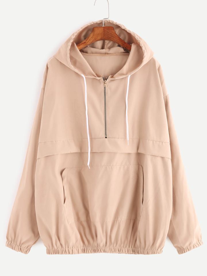 Romwe Khaki Drop Shoulder Zip Detail Pocket Drawstring Hoodie