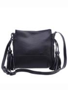 Romwe Faux Leather Tassel Trimmed Shoulder Bag - Black