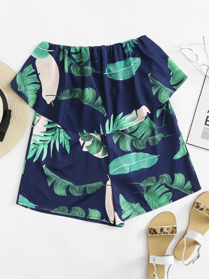 Romwe Off Shoulder Tiered Leaf Print Romper