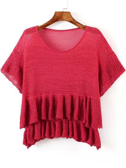 Romwe Bell Sleeve Peplum Hem Red Sweater