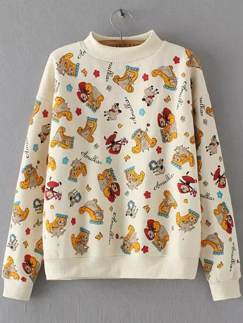 Romwe Cartoon Print Beige Sweatshirt