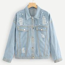 Romwe Single Breasted Ripped Beaded Denim Jacket