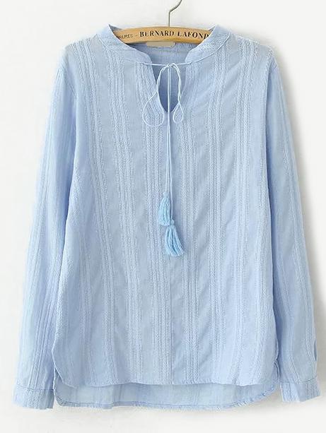 Romwe Dip Hem Lace Up Blue Shirt