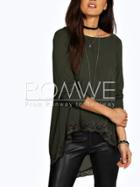 Romwe Green Crew Neck Lace Hem T-shirt