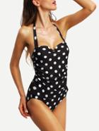 Romwe Polka Dot Print Halter Ruched One-piece Swimwear