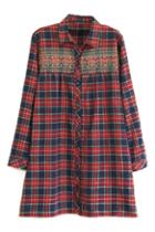 Romwe Check Embroidered Red Long Shirt