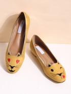 Romwe Yellow Cat Embroidery Ballet Flats
