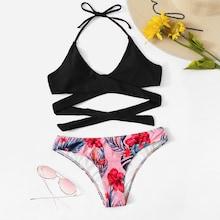 Romwe Wrap Halter Top With Random Tropical Bikini