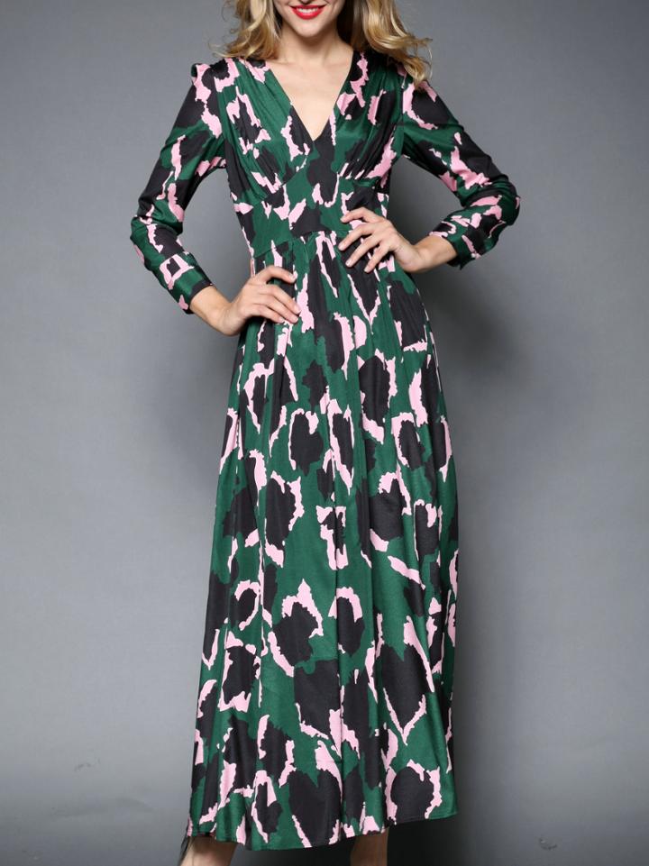 Romwe Green V Neck Long Sleeve Print Dress