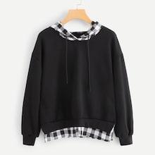 Romwe Contrast Checked Drawstring Hoodie