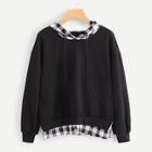 Romwe Contrast Checked Drawstring Hoodie