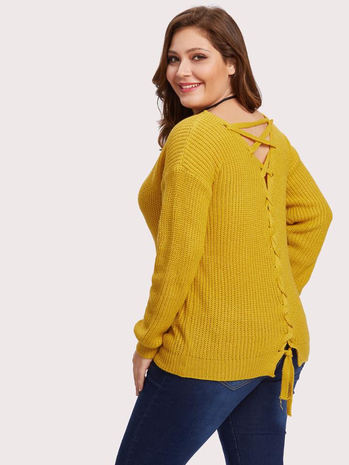Romwe Lace Up Back Sweater