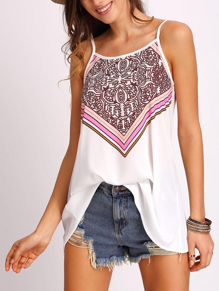 Romwe White Spaghetti Strap Tribal Print Cami Top