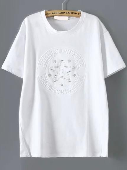 Romwe Dip Hem With Pearl Letter Embossed Top