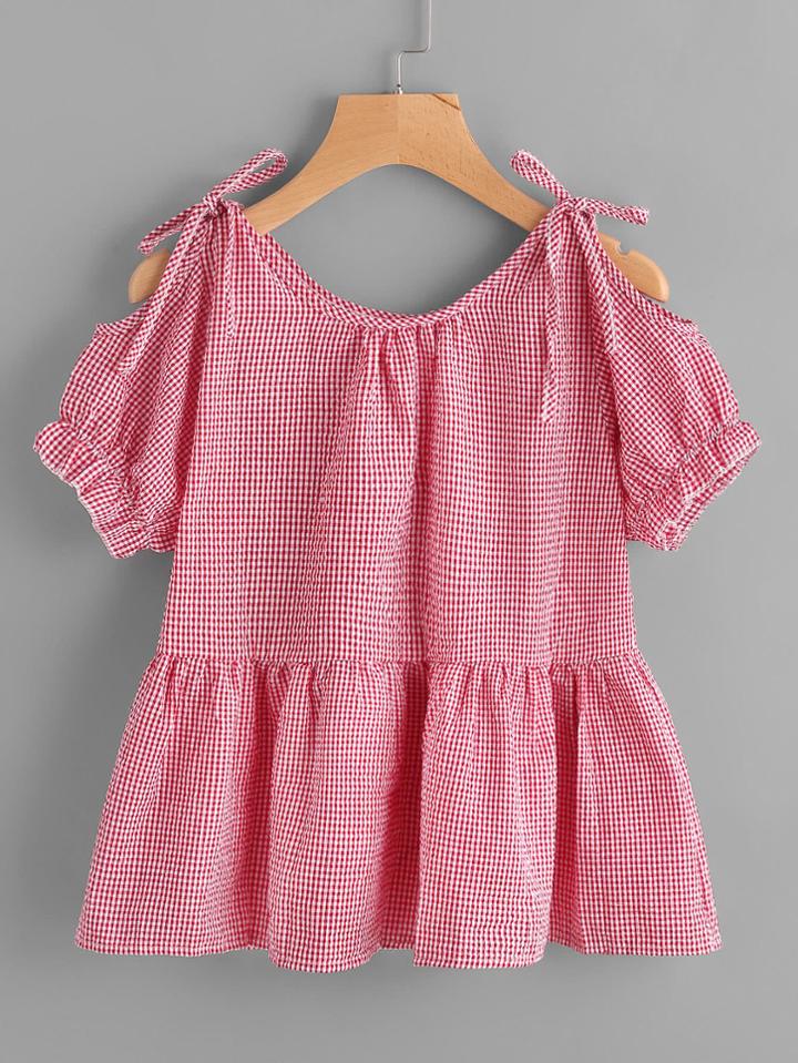 Romwe Open Shoulder Self Tie Gingham Print Frill Blouse