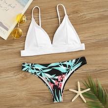 Romwe Triangle Top With Tropical Print Bikini Set