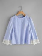 Romwe Contrast Lace Trim Fluted Sleeve Pinstripe Top