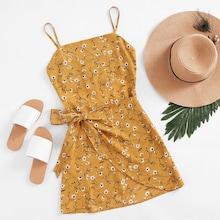 Romwe Open Back Wrap Daisy Print Cami Dress