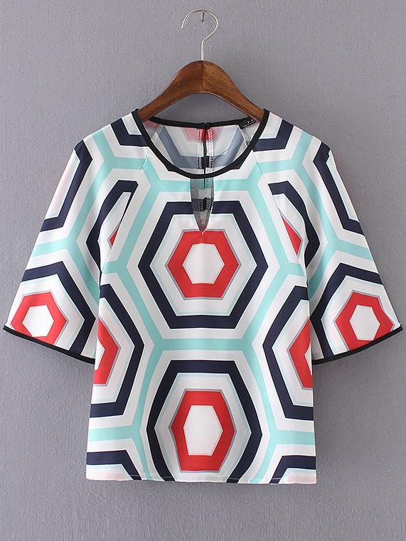 Romwe Multicolor Geometric Printed Key-hole Blouse