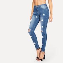 Romwe Star Print Bleach Wash Ripped Jeans
