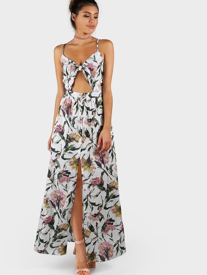 Romwe Knot Front Open Midriff Smocked Back Cami Dress