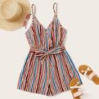 Romwe Colorful Striped Belted Surplice Cami Romper