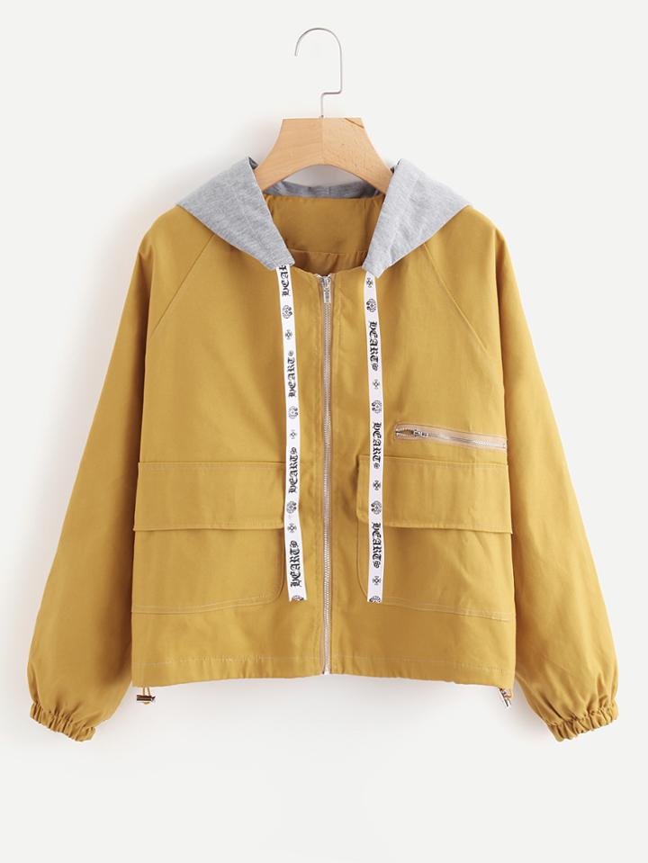 Romwe Contrast Hooded Drawstring Hem Jacket