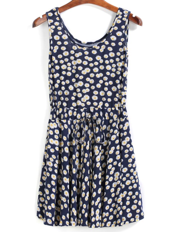 Romwe Drawstring Daisy Print Pleated Dress
