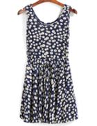 Romwe Drawstring Daisy Print Pleated Dress