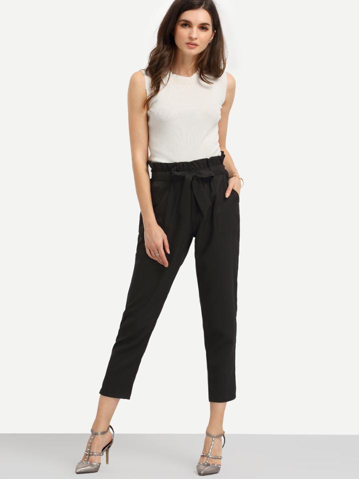 Romwe Black Pockets Tie Waist Pants