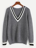 Romwe Grey V Neck Striped Trim Raglan Sleeve Sweater